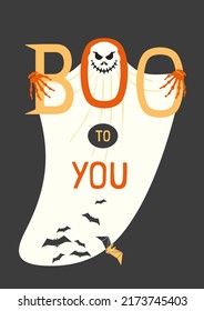 Boo to you greeting card Halloween scary ghost spirit wraith vector. Halloween cute horror character. Boo face spooky design element. Celebration fun party 31 October flyer, poster background template