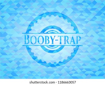Booby-trap light blue emblem. Mosaic background