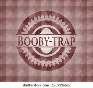 Booby-trap red badge with geometric pattern background. Seamless.