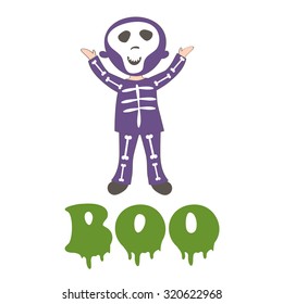 Boocard with a boy dressed like skeleton. Vector illustration