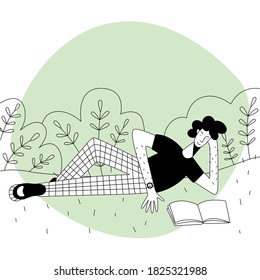 Boodle cartoon boy is resting while reading a book. Rest, vacation and hobbsys theme