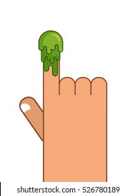 Booger and Hand. Snot on finger. Pick your nose snivel. Green slime lump
