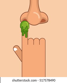 Booger on finger. Pick your nose snivel. Hand and snot. Green slime lump