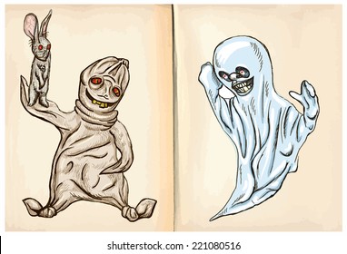 Boogey and Ghost - An hand drawn and painting illustrations. Description: Each drawing comprise of two (or three) layers of lines plus colored layer, the background is also isolated.