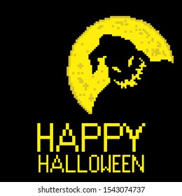 Boogeyman on the background of the moon in 8-bit pixel art. This is a Happy Halloween Postcard!