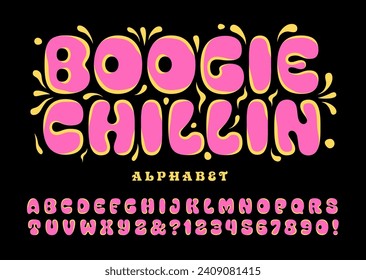 Boogie Chillin es un alfabeto psicodélico pop redondeado y gordo en rosa brillante y amarillo