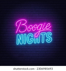 Boogie Night Neon auf Backsteinwand Hintergrund.