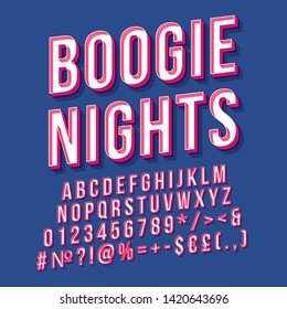 Boogie-Nächte Vintage 3D Vektorschrift. Retro fette Schriftart, Schriftart. Pop art stilisierten Text. Briefe, Zahlen, Symbole und Elemente im Stil der alten Schule. Poster der 90er, 80er Jahre, Banner. Yale Farbhintergrund