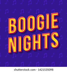 Boogie nights vintage 3d vector lettering. Retro bold font, typeface. Pop art stylized text. Old school style letters. 90s, 80s poster, banner, t shirt typography design. Purple color background