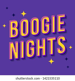 Boogie nights vintage 3d vector lettering. Retro bold font, typeface. Pop art stylized text. Old school style letters. 90s, 80s poster, banner, t shirt typography design. Purple color background