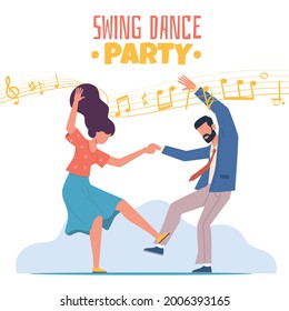 Boogie Woogie Dancing. Happy couple man and woman on swing dance party. Retro disco entertainment show, rock n roll music, poster on invitation card. Vector flat cartoon isolated concept