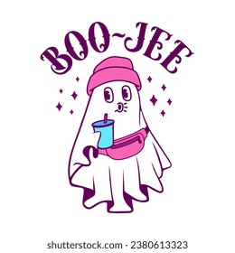 Boo-jee ghost with tumbler and belt bag. Trendy bougie Halloween  vector illustration. Funny and cute boo character. 