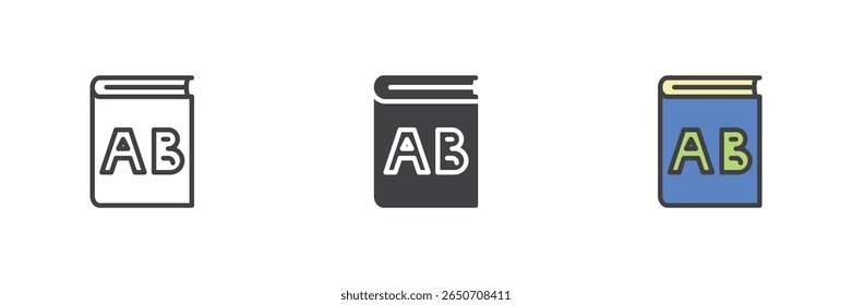 Book with AB letters on the cover icon set. Includes outline, solid glyph and colorful filled outline styles. Vector educational book icon for kids and language.