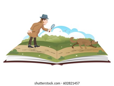 Book About Detective With Magnifying Glass And Tracker Dog