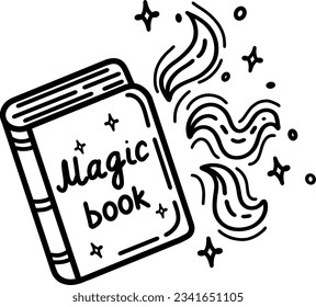 A book about magic and spells on a white background.Black and white illustration of a book of witchcraft for a wizard, elements for a school of magic. Coloring book for children. Vector illustration