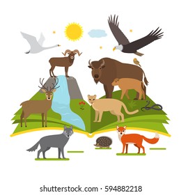  book about the National Parks of nature. big set of animals and birds cartoon style. flat vector illustration