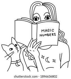 A book about numbers, mathematics, numerology and magic. The girl is reading, a cat is sitting next to it. Line drawing, black and white, vector