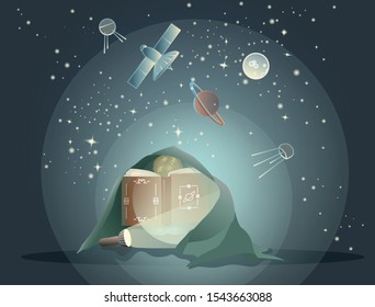 The book is about space. A child reads a book about planets under a blanket. Reading with a flashlight. Starry sky and satellites.