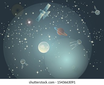 The book is about space. A child reads a book about planets under a blanket. Reading with a flashlight. Starry sky and satellites.