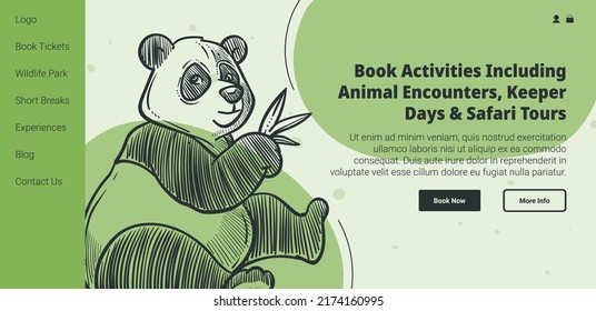 Book activities including animal encounters, keeper days and safari tours. Buy tickets for wildlife parks and zoos and visit on weekends. Website landing page template online web, vector in flat style