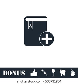 Book add icon flat. Vector illustration symbol and bonus pictogram
