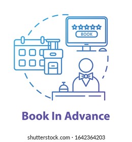 Book in advance concept icon. Ordering trip beforehand, budget tourism idea thin line illustration. Early accommodation, hotel reservation. Vector isolated outline RGB color drawing