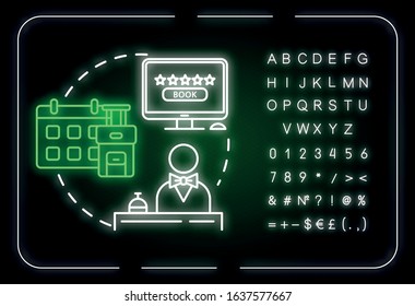 Book in advance neon light concept icon. Budget tourism, ordering trip beforehand idea. Money saving. Outer glowing sign with alphabet, numbers and symbols. Vector isolated RGB color illustration