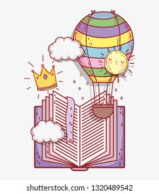 book with air balloon and crown with clouds