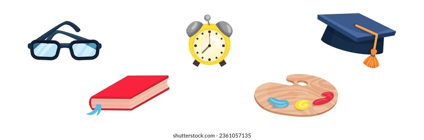 Book, Alarm Clock, Graduationshut, Brille und Palette als Zurück zu Schulsymbol und Stationery Object Vector Set