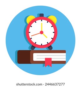 Book with alarm clock, icon of study time