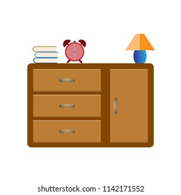 Book, alarm clock and lamp on wooden cabinet for interior in livingroom - Vector illustration
