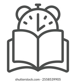 Book with alarm clock line icon, book readers holiday concept. Vector graphics. Opened textbook and stopwatch sign on white background, outline style icon for mobile or web design