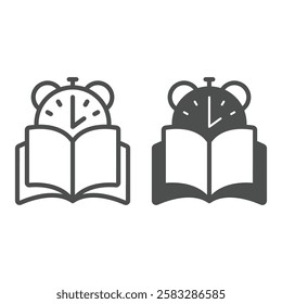 Book with alarm clock line and solid icon, book readers holiday concept. Vector graphics. Opened textbook and stopwatch sign on white background, outline style icon for mobile or web design