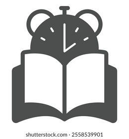 Book with alarm clock solid icon, book readers holiday concept. Vector graphics. Opened textbook and stopwatch sign on white background, glyph style icon for mobile or web design