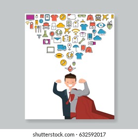 Book all line icons color of happy face businessman. super business infographic