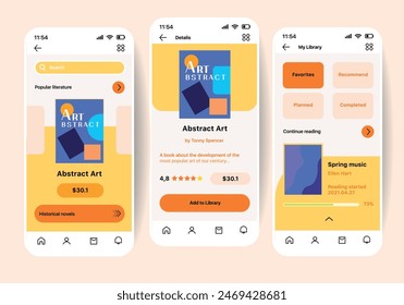 Book app concept in flat design. A colorful and bright concept of a phone application for searching and buying books, tracking the rating, keeping your own statistics, etc. Vector Illustration.