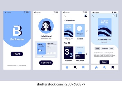 Conceito de aplicativo de livro em design plano. A interface do aplicativo do BookVerse destaca recursos como última leitura do livro, coleções, dez principais livros e uma página detalhada do livro para engajar os usuários. Ilustração de vetor.