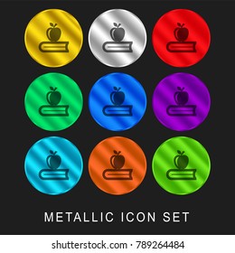 Book with apple 9 color metallic chromium icon or logo set including gold and silver