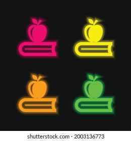 Book With Apple four color glowing neon vector icon