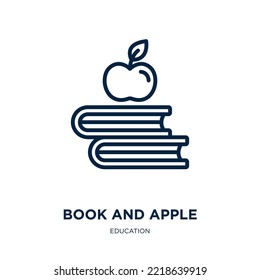 book and apple icon from education collection. Thin linear book and apple, book, apple outline icon isolated on white background. Line vector book and apple sign, symbol for web and mobile