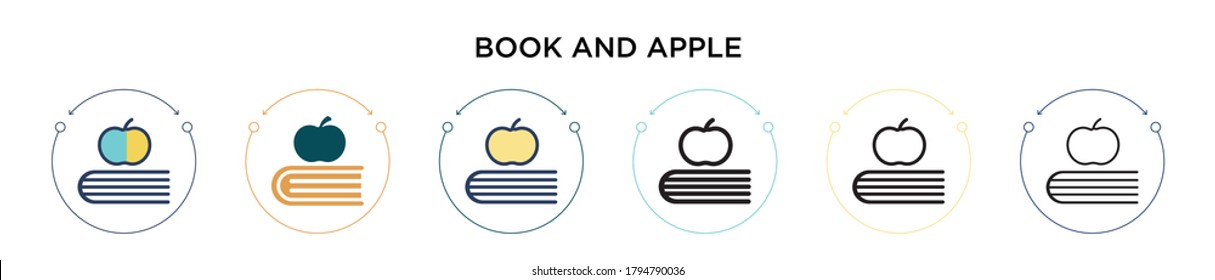 Icono de libro y manzana en estilo relleno, delgado, contorno y trazo. Ilustración vectorial de dos diseños de iconos de libros y vectores de manzanas de color y negro se pueden utilizar para móviles, ui, web