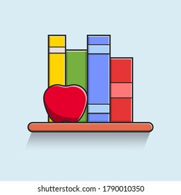 Icono de libro y manzana ilustración de caricatura de estilo plano. El icono del concepto de educación aislado. Aprendizaje, lectura, escritura, estantería, escuela.