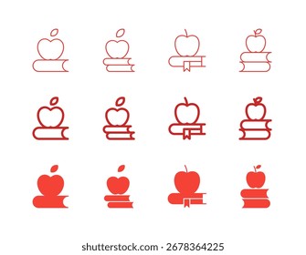Book and Apple Icon Set in Flat Solid, Bold Line, and Thin Line Style for Education and Learning Symbols