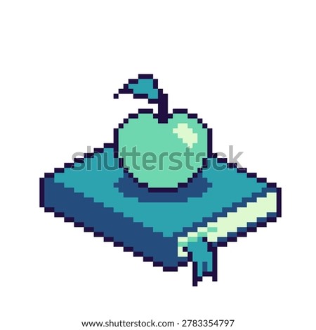 Book with a Apple Placed Above in Teal Blue Color, Pixel Art Icon, Isolated