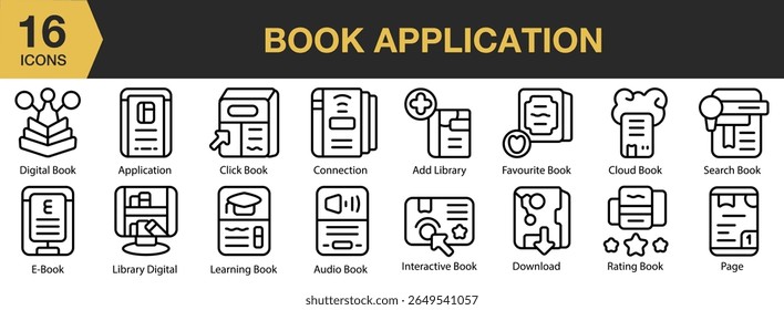 Book Application icon set. Includes book, application, app, reading, digital, library, and More. Outline icons vector collection.