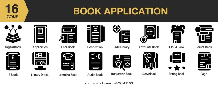 Book Application solid icon set. Includes book, application, app, reading, digital, library, and More. Solid icons vector collection.