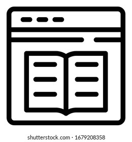 Icono de la ventana Libro en aplicación. Libro de esquema en icono de vector de ventana de aplicación para diseño web aislado en fondo blanco