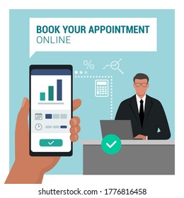 Book An Appointment With A Financial Consultant Using A Mobile App, Businessman Sitting At Desk In The Background