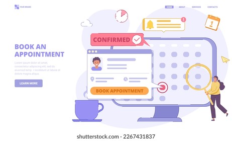 Book an appointment online, schedule meeting on the calendar selecting the date. Flat design concept for landing page. Vector illustration with tiny characters.