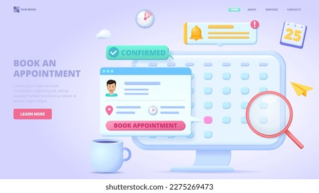 Book an appointment online, schedule meeting on the calendar selecting the date. 3d design concept for landing page. Three dimensional vector illustration.
